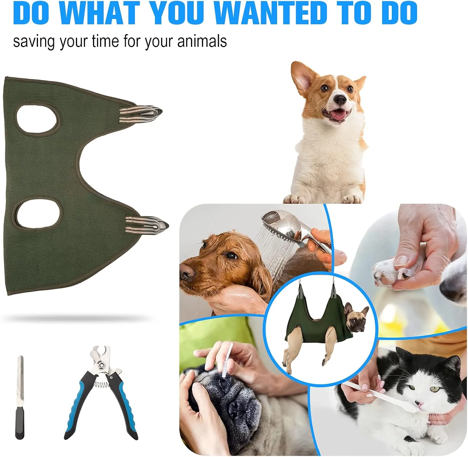 10 in 1 Pet Grooming Hammock Harness with Nail Clippers/Trimmer, Nail File, Comb,Dog Nail Hammock, Dog Grooming Sling for Nail Trimming/Clipping (S/Under 30lb, Khaki Green)