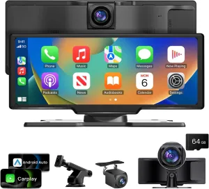 10.26 inch Wireless CarPlay Touchscreen for Car: 4K Dash Cam Car Play Screen with Carplay & Android Auto Portable Car Stereo 1080p Backup Camera Auto Brightness GPS Navigation Bluetooth Mirror Link