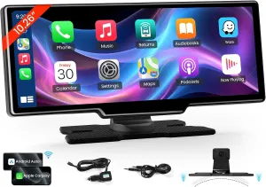10.26'' Wireless Carplay Screen for Car, Portable Car Stereo with Carplay & Android Auto, Car Audio Receivers with GPS Navigation, Mirror Link, for All Vehicles(No Camera)