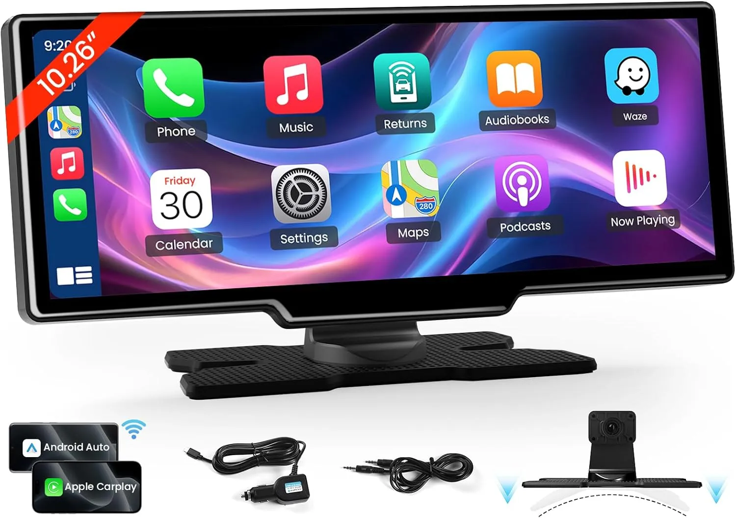 10.26'' Wireless Carplay Screen for Car, Portable Car Stereo with Carplay & Android Auto, Car Audio Receivers with GPS Navigation, Mirror Link, for All Vehicles(No Camera)
