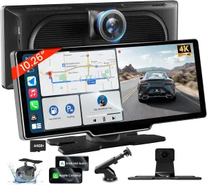 10.26'' Wireless Carplay Screen for Car with 4K Dash Cam & 1080P Backup Camera, Portable Car Audio Receivers with Carplay & Android Auto, GPS Navigation, Airplay, Mirror Link
