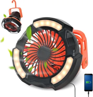 10400mAh Camping Fan with LED Lantern, Battery Operated Powered Fan with Hang Hook, Mobile Power Bank, 180°Head Rotation, Rechargeable Portable for Picnic, Barbecue, Fishing, Travel, Home (Orange)