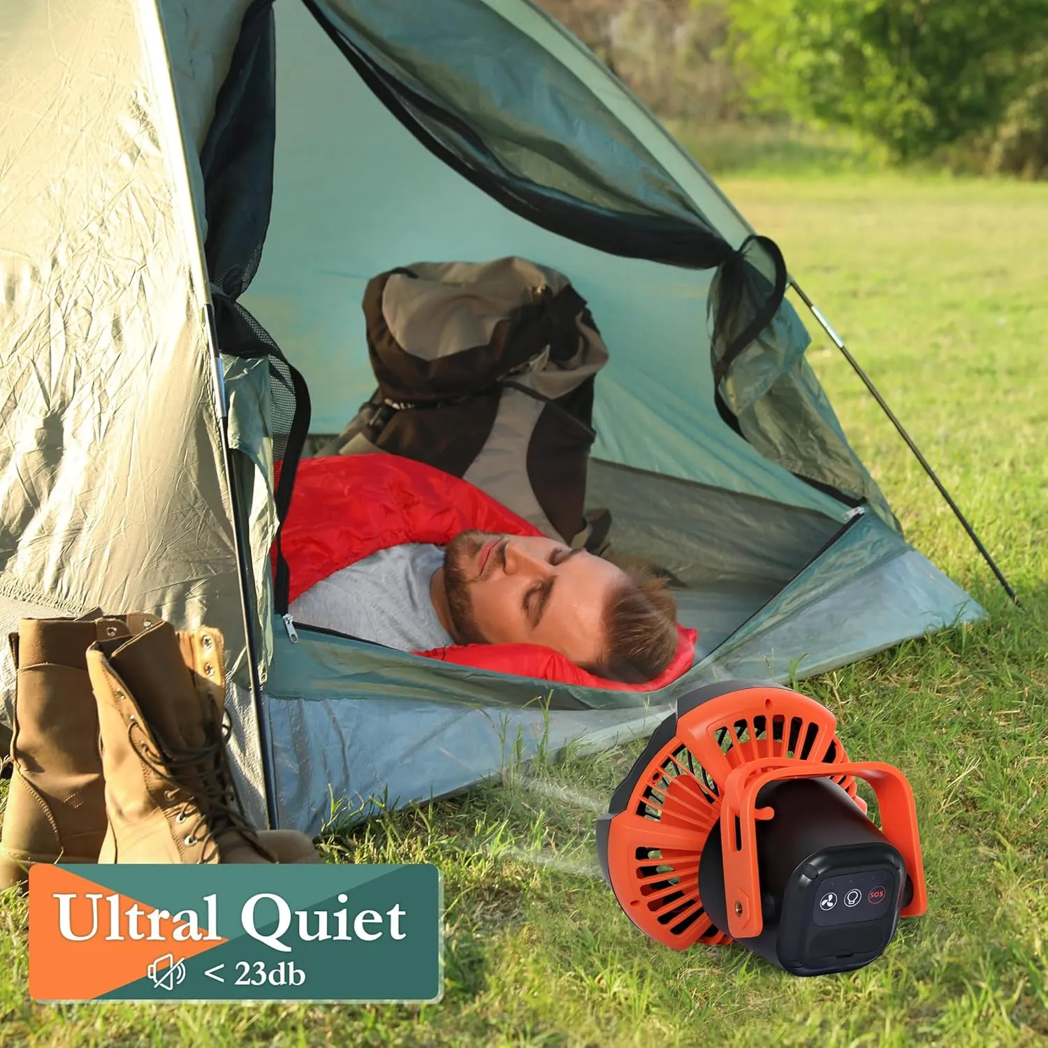 10400mAh Camping Fan with LED Lantern, Battery Operated Powered Fan with Hang Hook, Mobile Power Bank, 180°Head Rotation, Rechargeable Portable for Picnic, Barbecue, Fishing, Travel, Home (Orange)