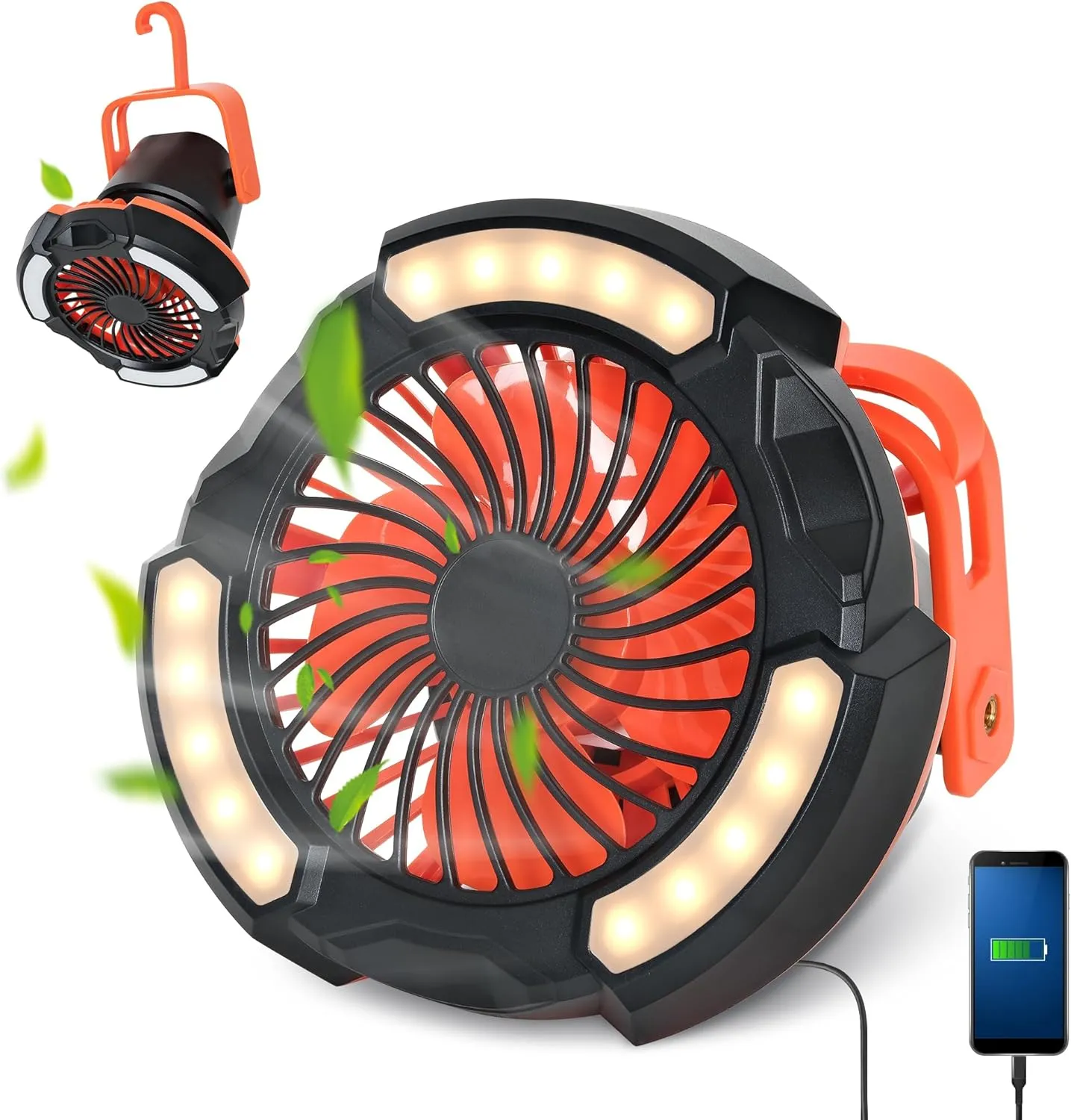 10400mAh Camping Fan with LED Lantern, Battery Operated Powered Fan with Hang Hook, Mobile Power Bank, 180°Head Rotation, Rechargeable Portable for Picnic, Barbecue, Fishing, Travel, Home (Orange)