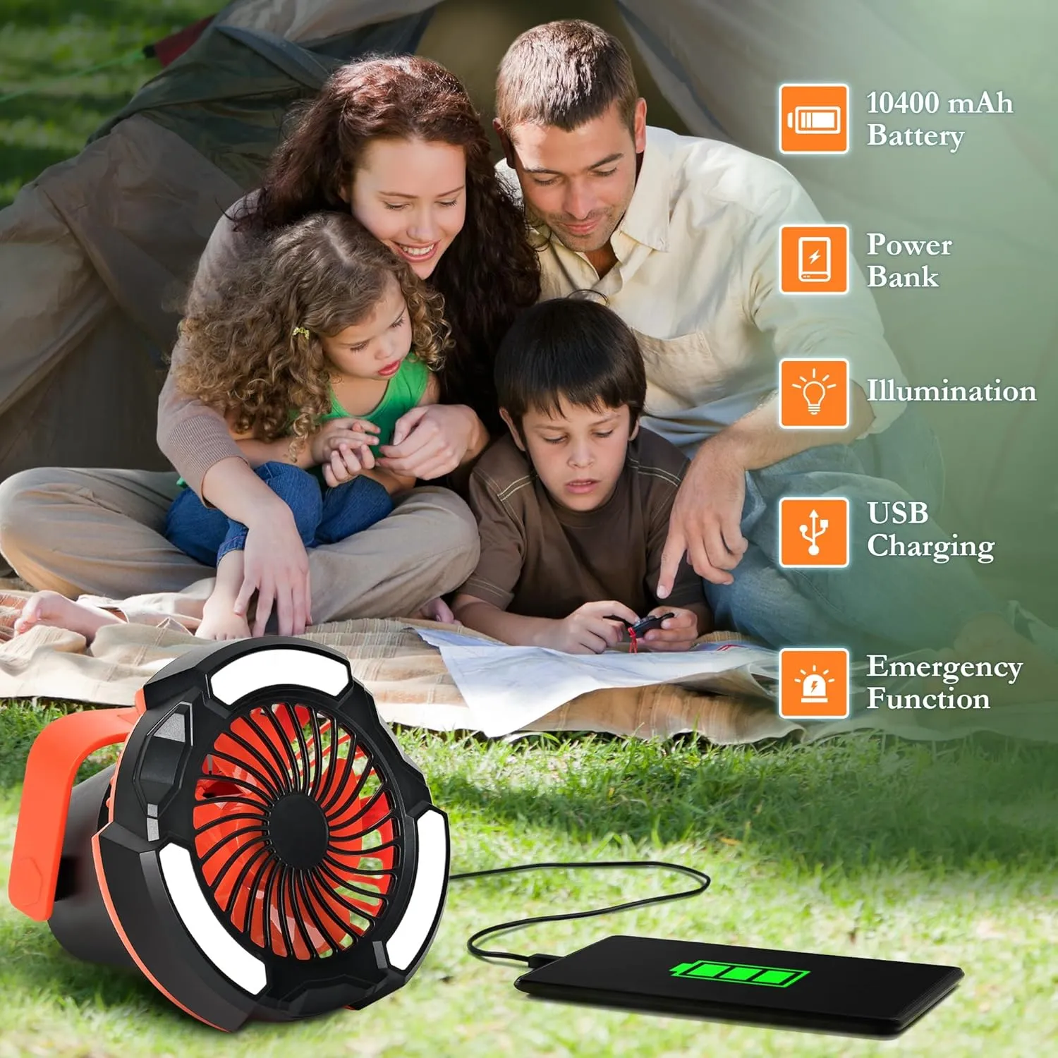 10400mAh Camping Fan with LED Lantern, Battery Operated Powered Fan with Hang Hook, Mobile Power Bank, 180°Head Rotation, Rechargeable Portable for Picnic, Barbecue, Fishing, Travel, Home (Orange)