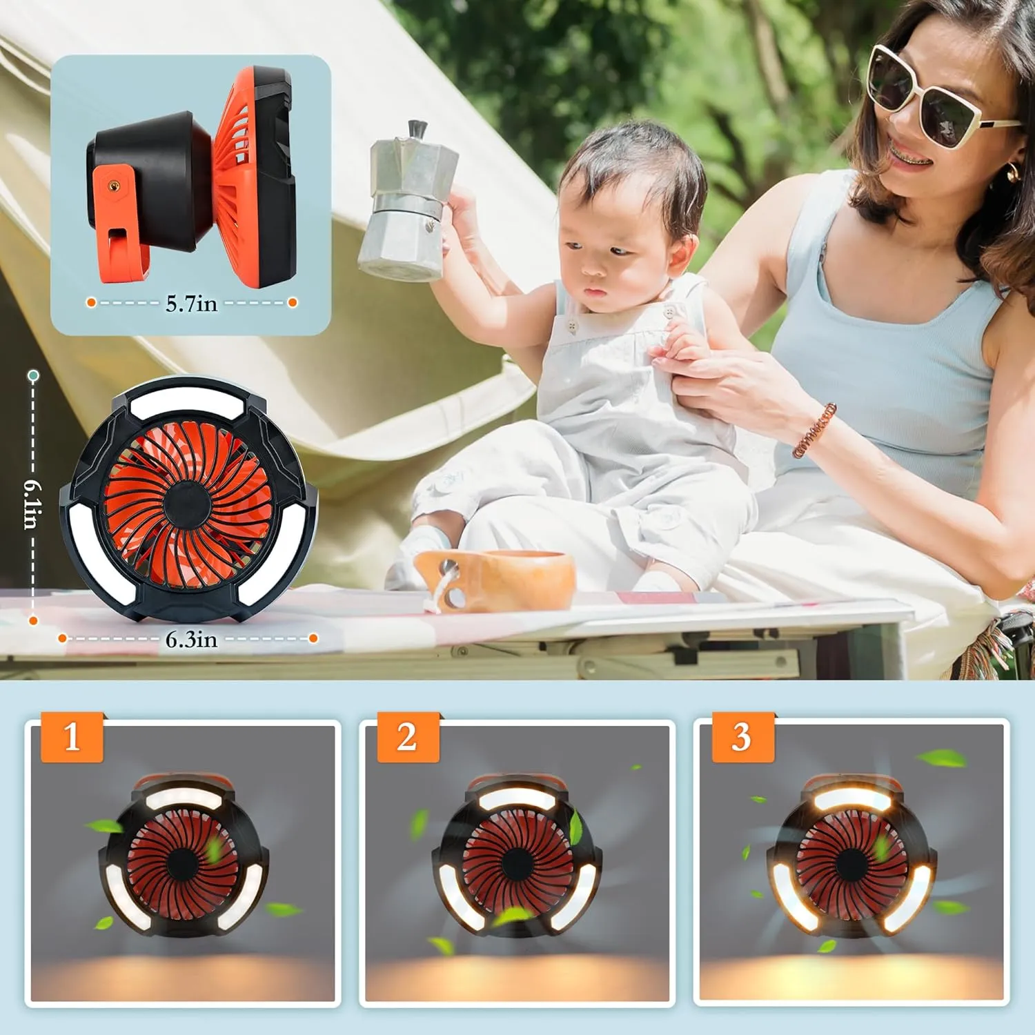 10400mAh Camping Fan with LED Lantern, Battery Operated Powered Fan with Hang Hook, Mobile Power Bank, 180°Head Rotation, Rechargeable Portable for Picnic, Barbecue, Fishing, Travel, Home (Orange)