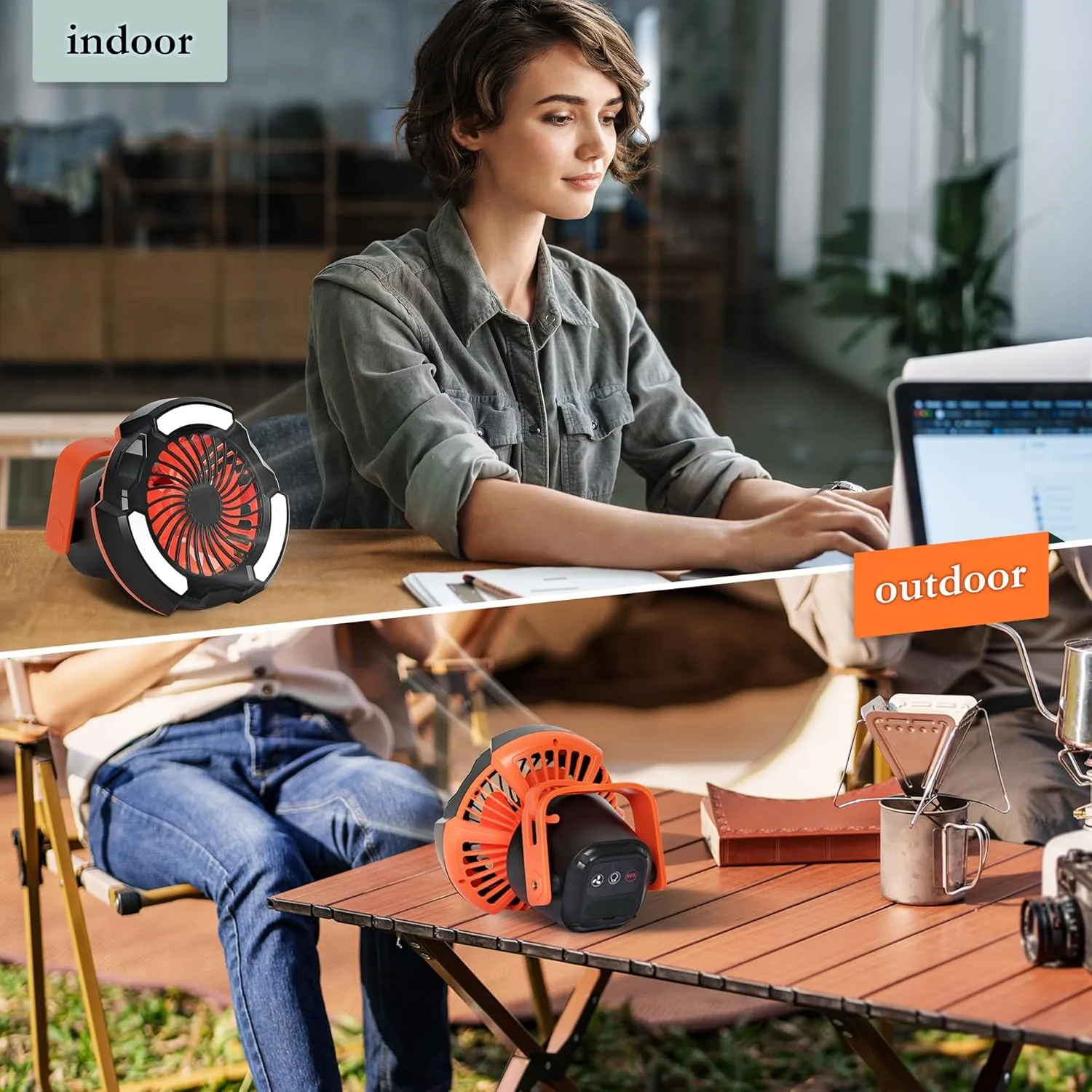 10400mAh Camping Fan with LED Lantern, Battery Operated Powered Fan with Hang Hook, Mobile Power Bank, 180°Head Rotation, Rechargeable Portable for Picnic, Barbecue, Fishing, Travel, Home (Orange)