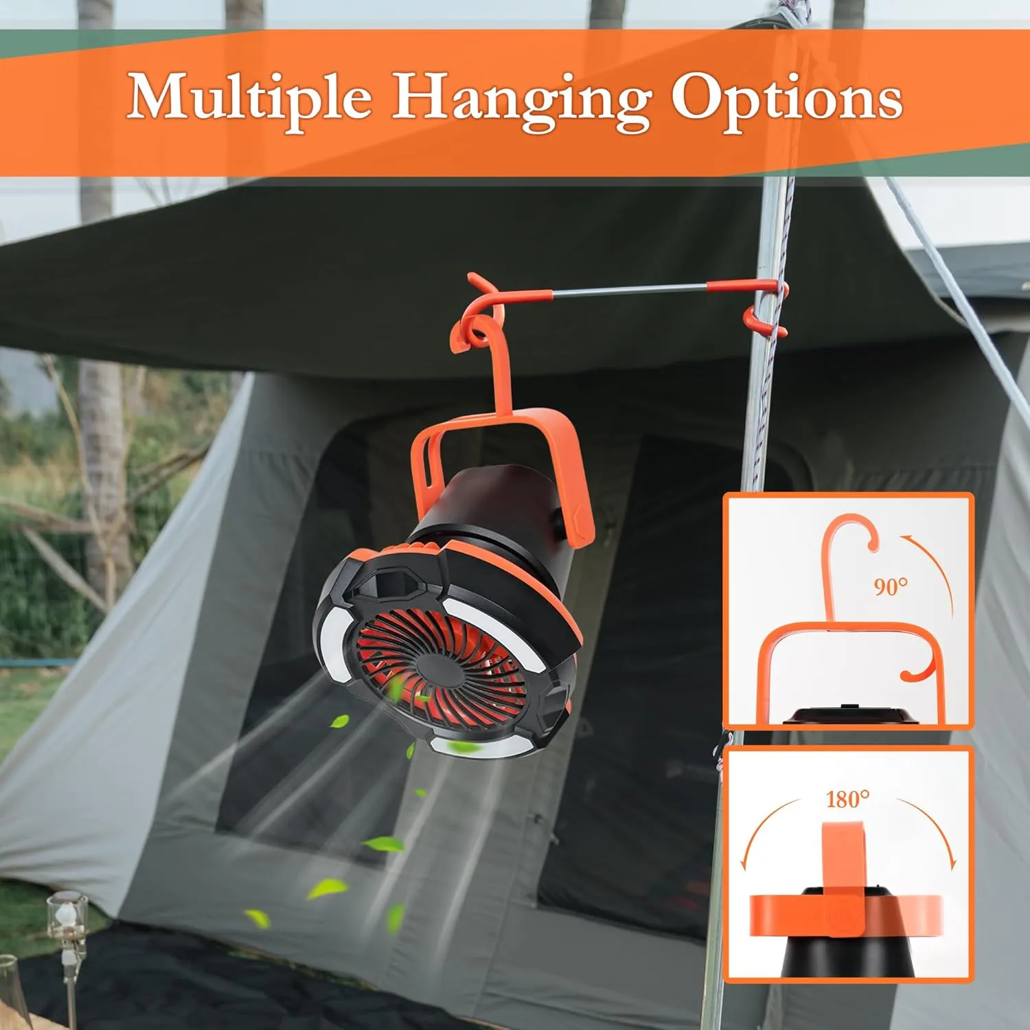 10400mAh Camping Fan with LED Lantern, Battery Operated Powered Fan with Hang Hook, Mobile Power Bank, 180°Head Rotation, Rechargeable Portable for Picnic, Barbecue, Fishing, Travel, Home (Orange)