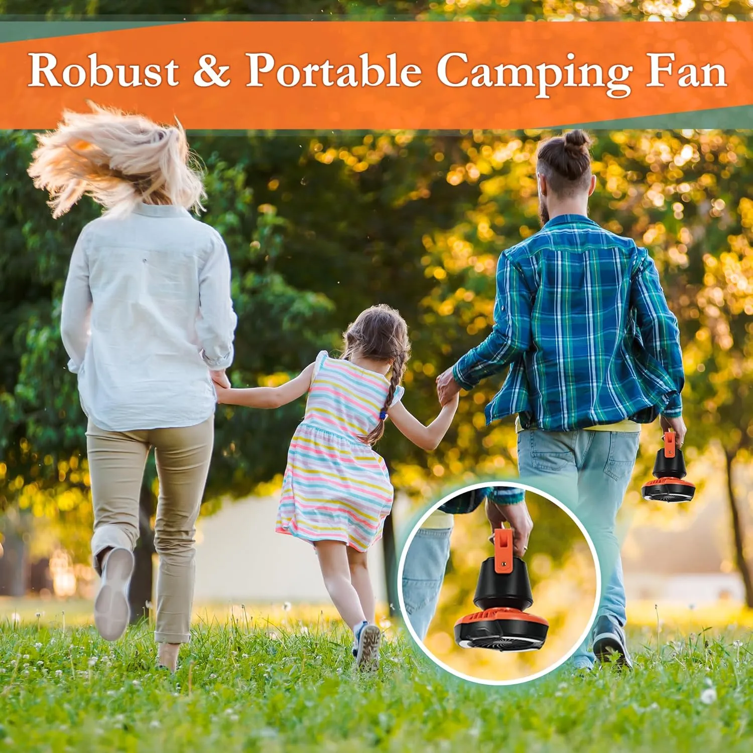 10400mAh Camping Fan with LED Lantern, Battery Operated Powered Fan with Hang Hook, Mobile Power Bank, 180°Head Rotation, Rechargeable Portable for Picnic, Barbecue, Fishing, Travel, Home (Orange)