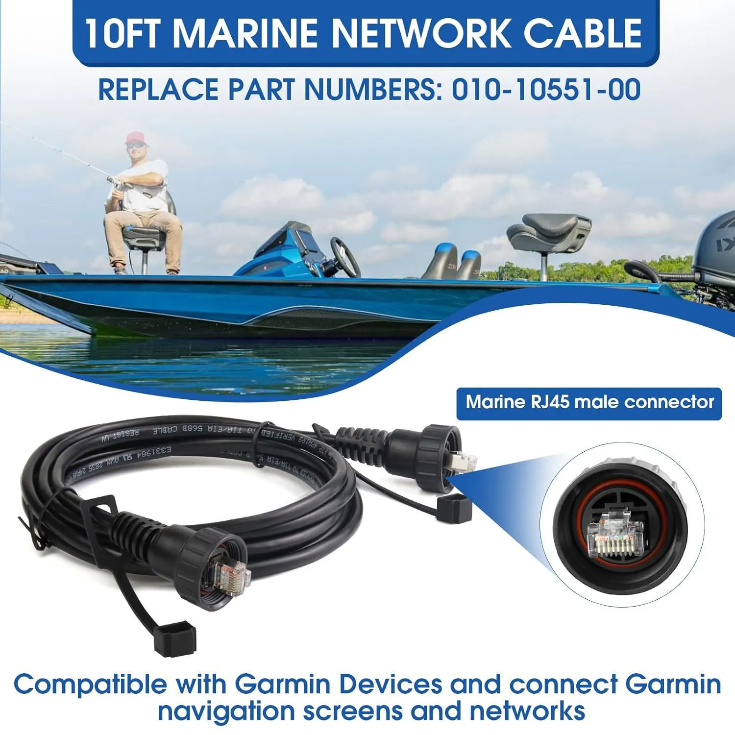 10FT Marine Network Cable for Garmin RJ45, Replace for 010-10550-00, Network Ethernet Cable for Garmin Garmin Navigation Screen/Fish Finder/GMS 10/Radar GPSMAP/GMR/UHD