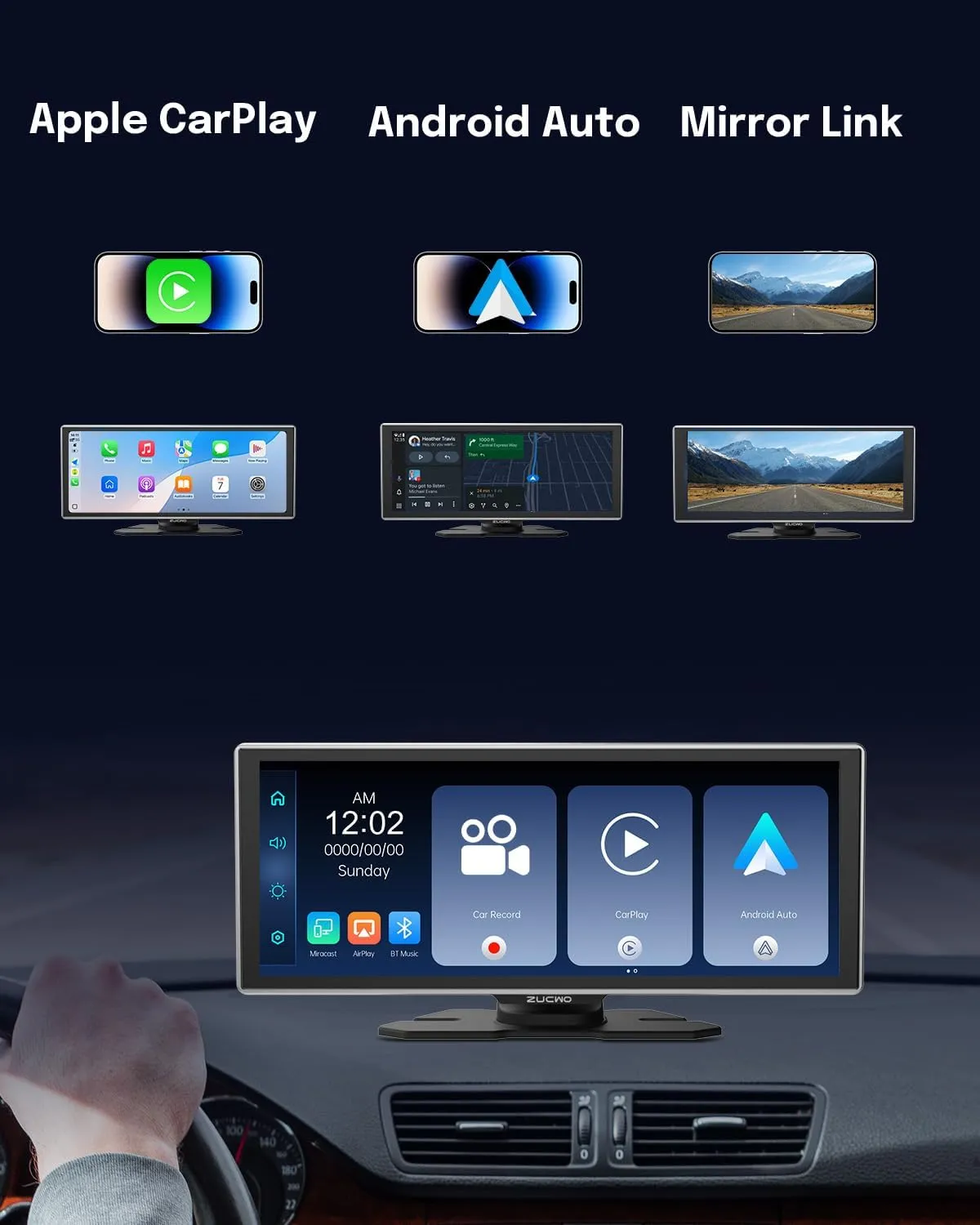 11.26 Inch Wireless CarPlay Screen for Car, Apple CarPlay & Android Auto Touch Screen Car Stereo with 4K Dash Cam, Bluetooth, Mirror Link, GPS Navigation, FM, Voice Control for Vehicles (Black)