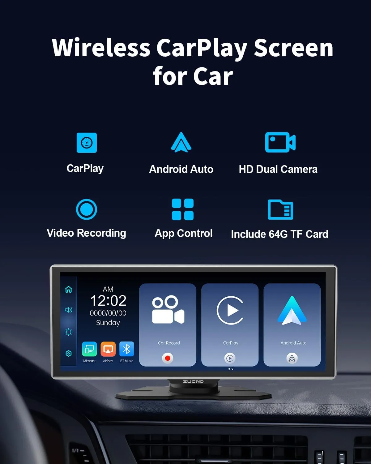 11.26 Inch Wireless CarPlay Screen for Car, Apple CarPlay & Android Auto Touch Screen Car Stereo with 4K Dash Cam, Bluetooth, Mirror Link, GPS Navigation, FM, Voice Control for Vehicles (Black)