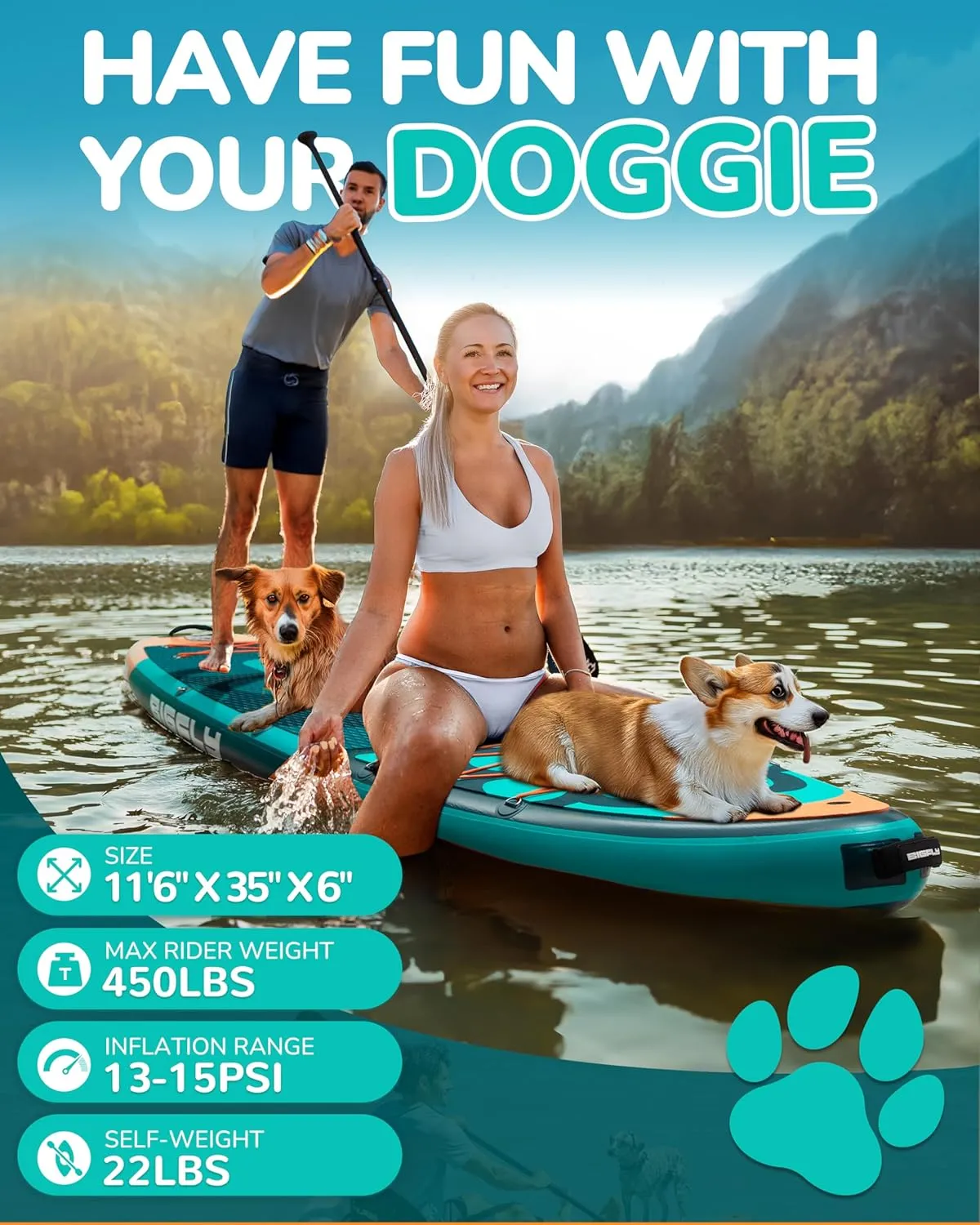11'6×35" Super Wide Inflatable Stand Up Paddle Board, Ultra Stable Wide SUP for 2 1 People/Family/Big Size, 100L Backpack, All-Round Sup Board, US Big Fin