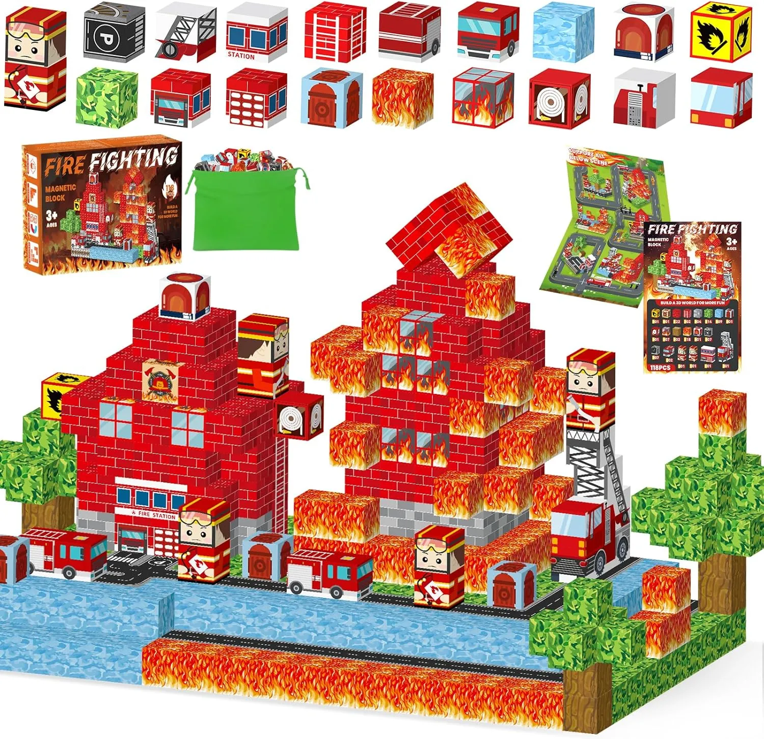 118PCS Magnetic Building Blocks - Build 3D Fire Station Construction Set, STEM Toys for Kids 3 , 1-Inch Magnetic Cubes Montessori Sensory Toys for Toddlers, Boys Girls Magnet Blocks Birthday Gifts