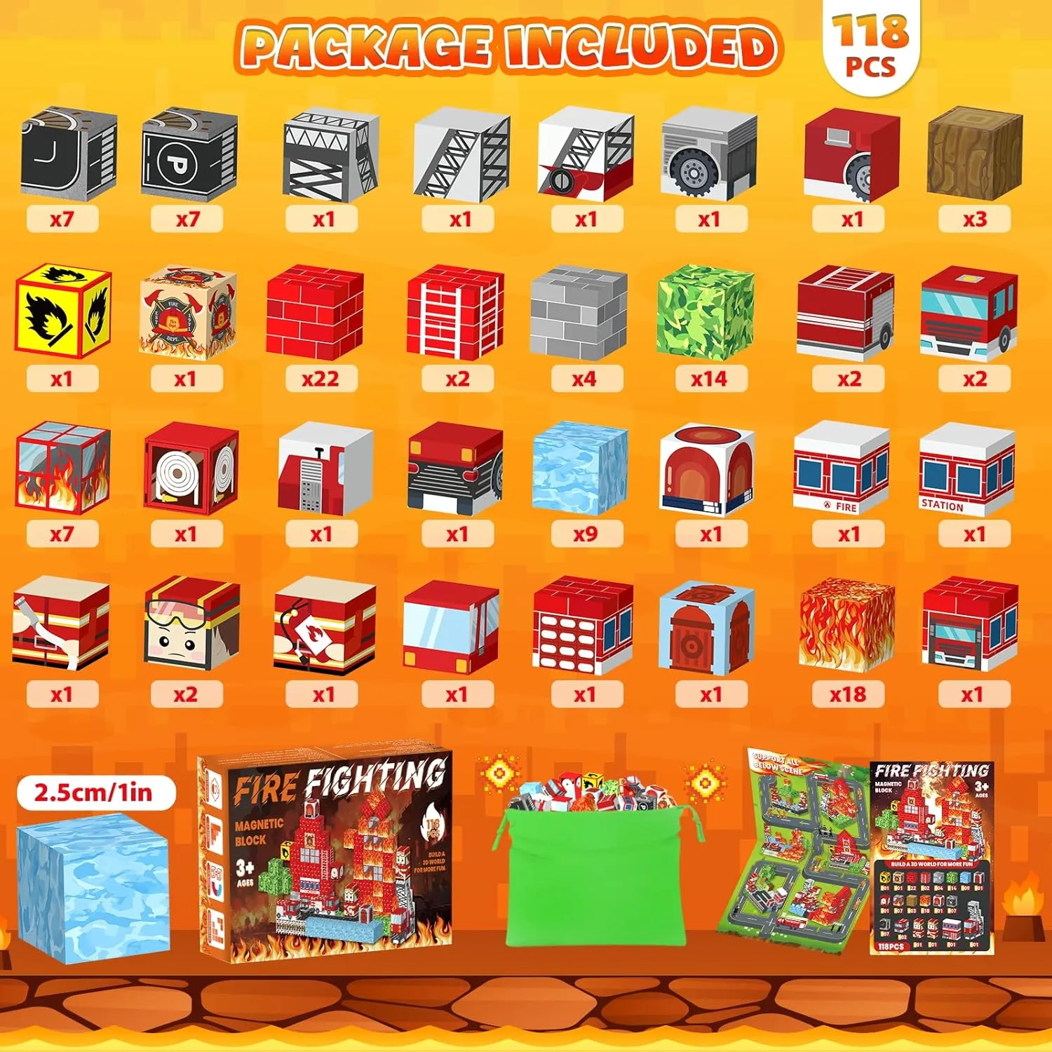 118PCS Magnetic Building Blocks - Build 3D Fire Station Construction Set, STEM Toys for Kids 3 , 1-Inch Magnetic Cubes Montessori Sensory Toys for Toddlers, Boys Girls Magnet Blocks Birthday Gifts
