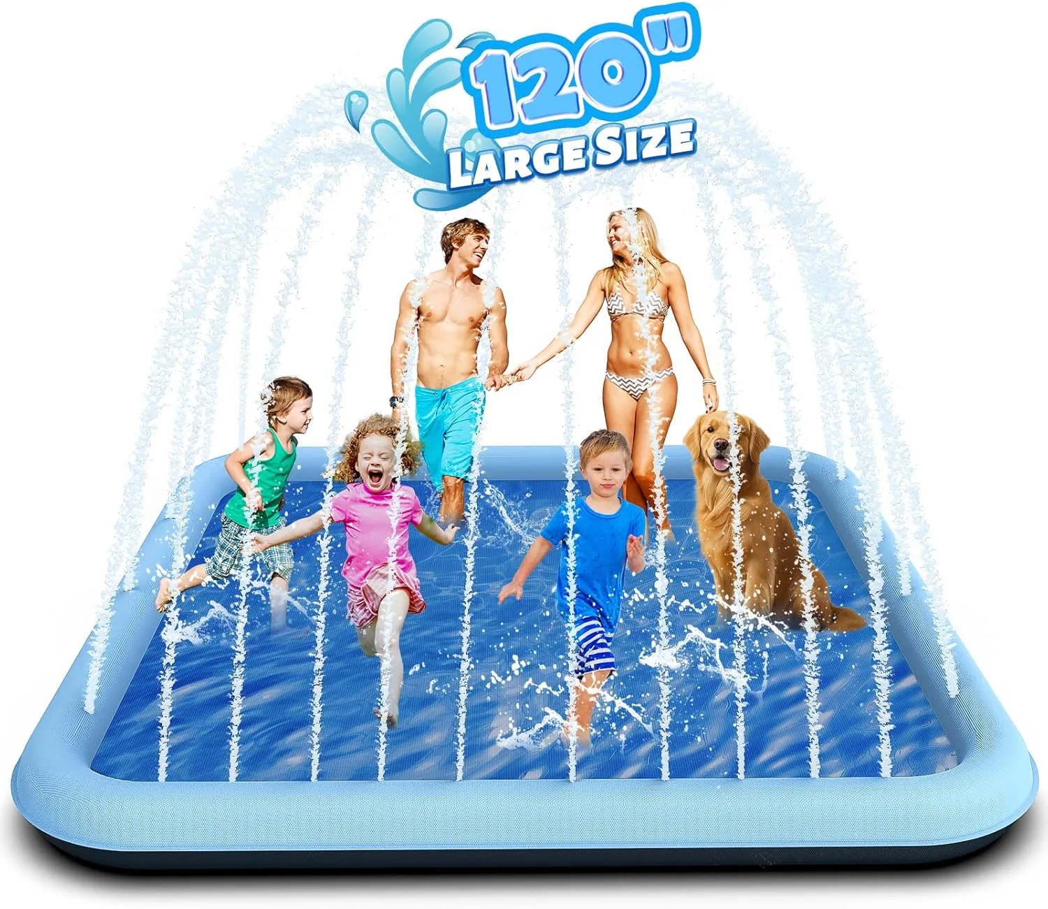 120" Splash Pad for Kids, Outdoor Sprinkler & Inflatable Pool, Extra Large Water Play Mat with Thicker Material for Dogs & Kids, Summer Backyard Fun for Toddlers & Families