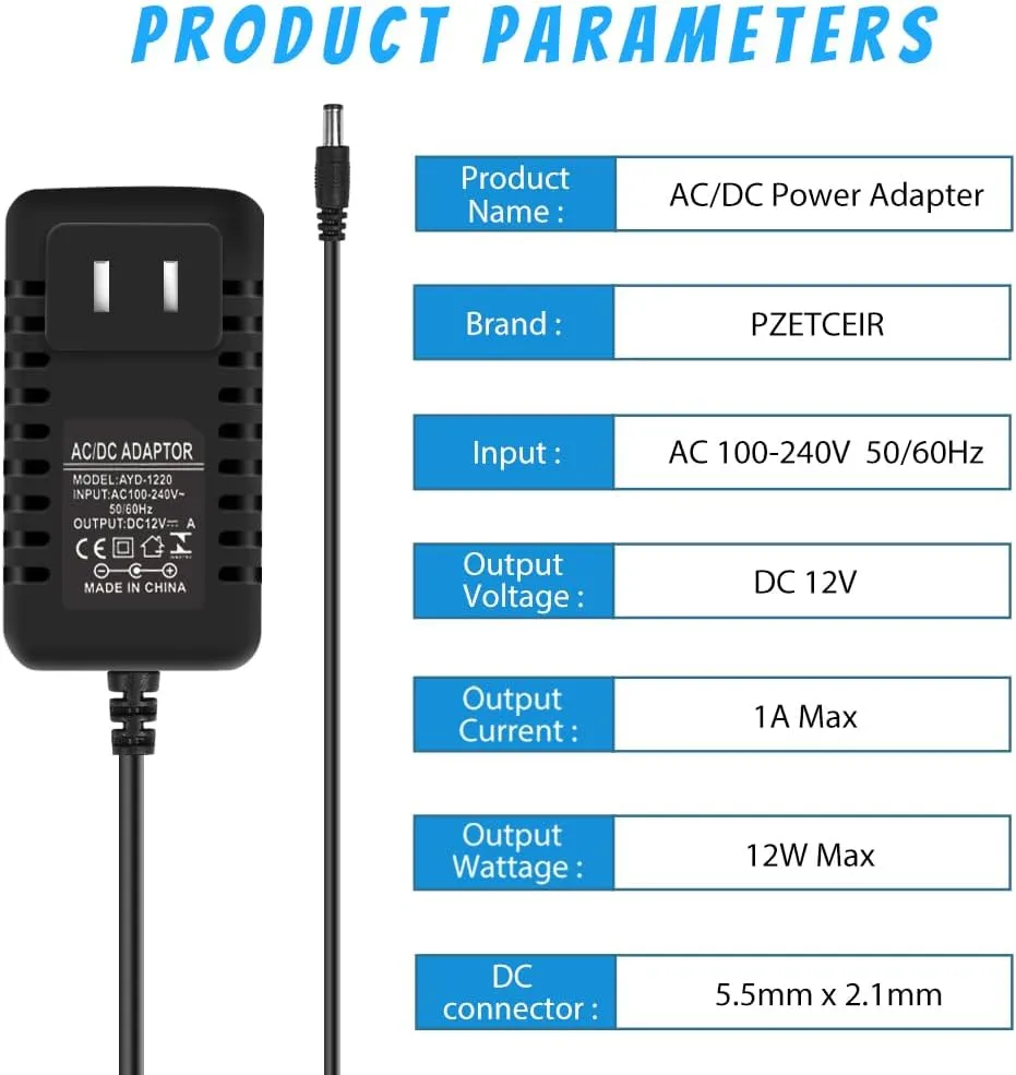 12V LED Power Supply, 12W AC Adapter Power Supply, 100-240V AC to 12 V DC Transformer Driver, 12V Power Supply for LED Strip Lights, Wall Plug Power Adapter with 5.5/2.1 DC Female Connector 5 Pack