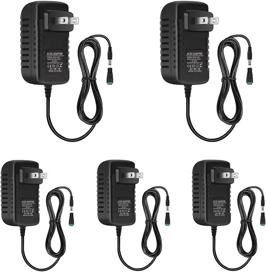 12V LED Power Supply, 12W AC Adapter Power Supply, 100-240V AC to 12 V DC Transformer Driver, 12V Power Supply for LED Strip Lights, Wall Plug Power Adapter with 5.5/2.1 DC Female Connector 5 Pack