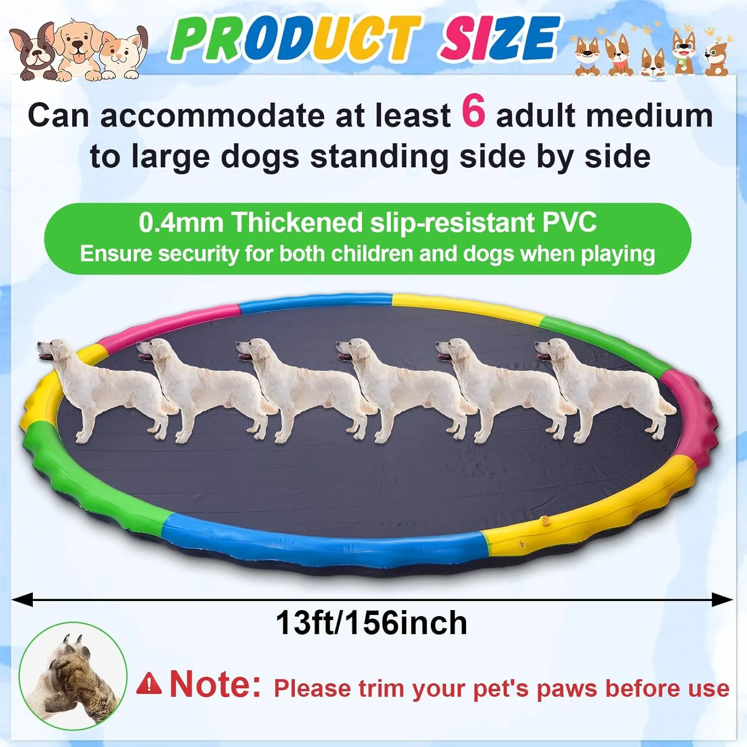 13 ft Giant Inflatable Splash Pad Extra Large 156" 2025 Update Non Slip Pad for Adults Large Dogs Pets Giant Thicken Sprinkler Pool Summer Outdoor Fun Backyard Fountain Play Mat (Cute Style)