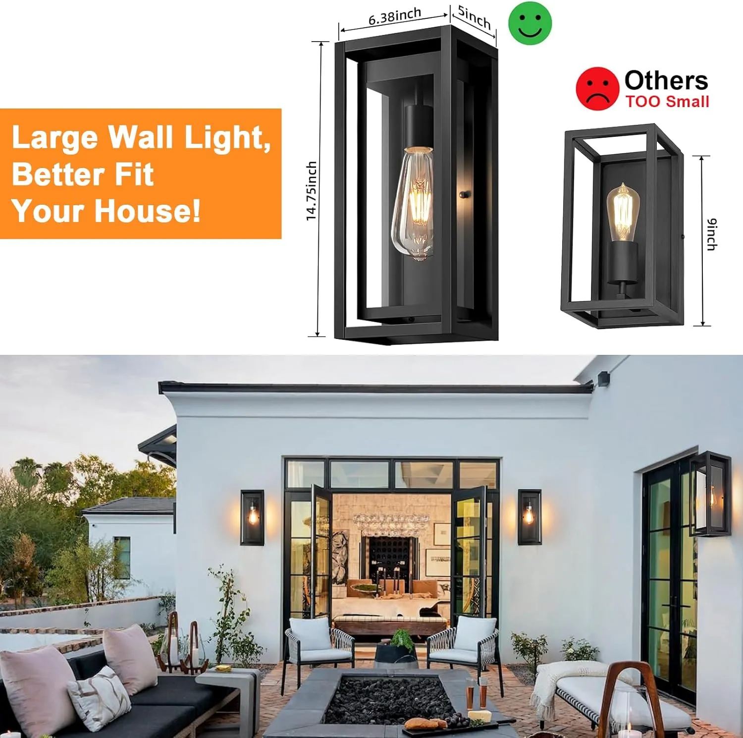 15" Large Outdoor Wall Lights, 2 Pack Matte Black Outdoor Sconces, Modern Waterproof Exterior Lighting Fixtures with Clear Glass Shade for Front Door, Porch, Garage