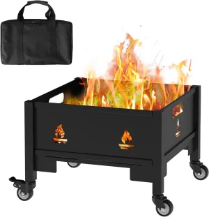 16 Inch Fire Pit with Wheels, Wood Burning Fire Pit for Outside with Waterproof Carry Bag, Heavy Duty Portable Outdoor Backyard Metal Firepit for Patio Bonfire Picnic BBQ Party Camping Beach
