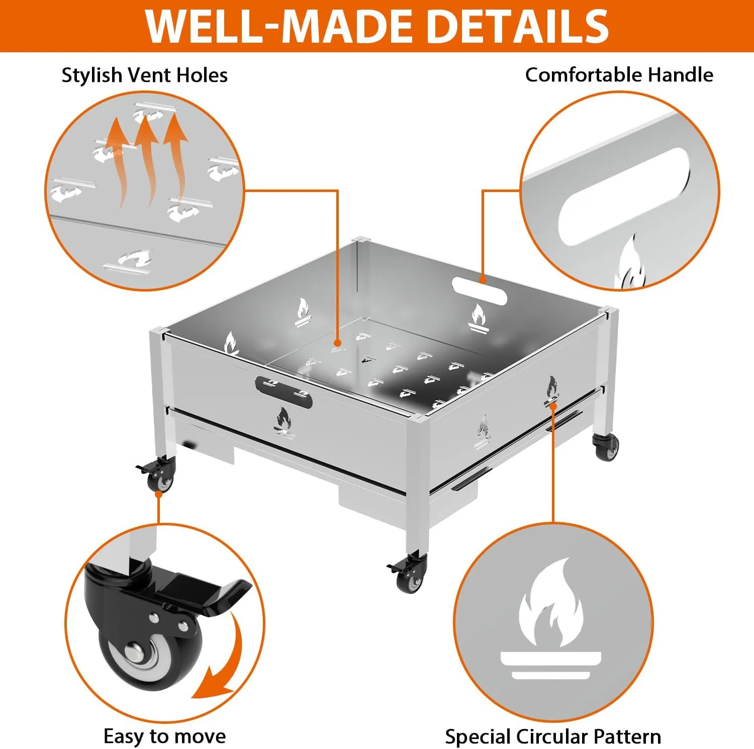 16 Inch Fire Pit with Wheels, Wood Burning Fire Pit for Outside with Waterproof Carry Bag, Heavy Duty Portable Outdoor Backyard Stainless Steel Firepit for Patio Bonfire Picnic BBQ Party Camping Beach