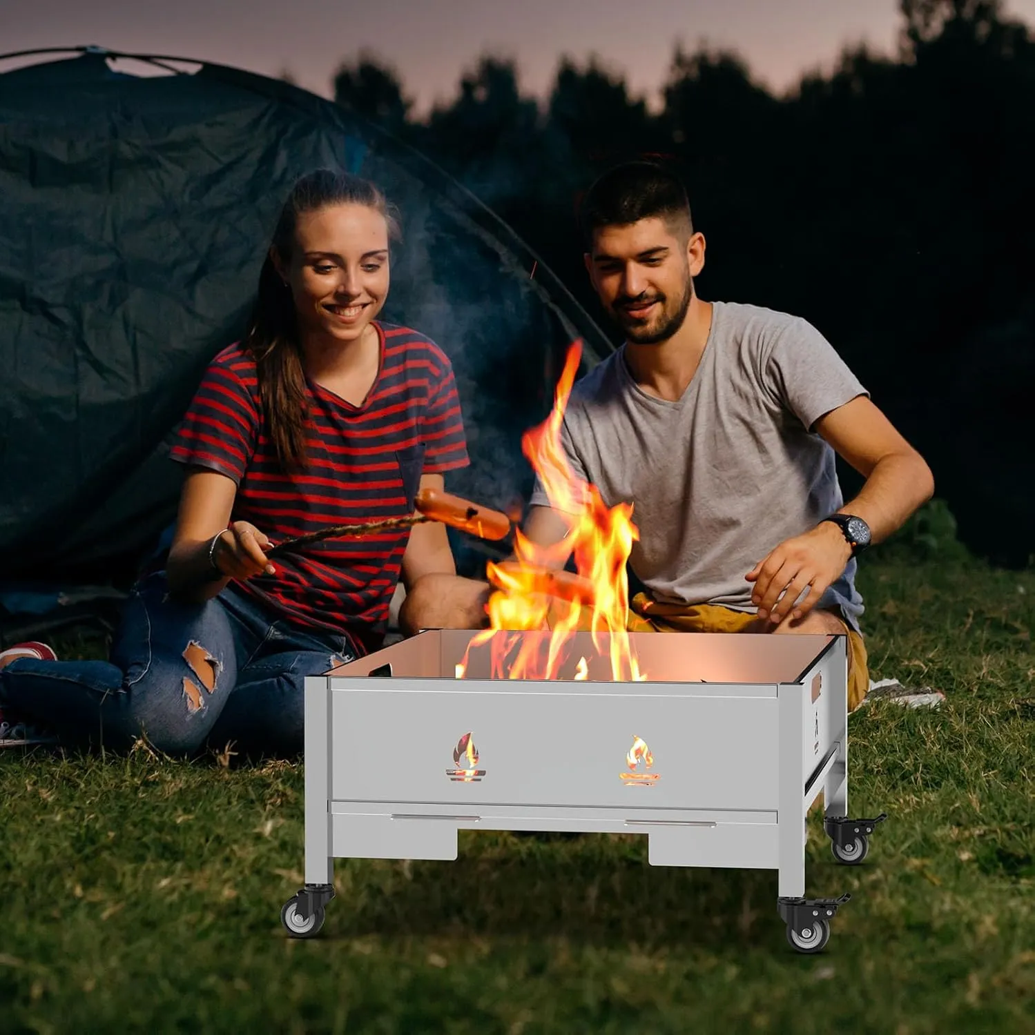 16 Inch Fire Pit with Wheels, Wood Burning Fire Pit for Outside with Waterproof Carry Bag, Heavy Duty Portable Outdoor Backyard Stainless Steel Firepit for Patio Bonfire Picnic BBQ Party Camping Beach