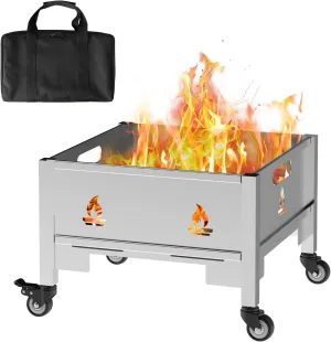 16 Inch Fire Pit with Wheels, Wood Burning Fire Pit for Outside with Waterproof Carry Bag, Heavy Duty Portable Outdoor Backyard Stainless Steel Firepit for Patio Bonfire Picnic BBQ Party Camping Beach