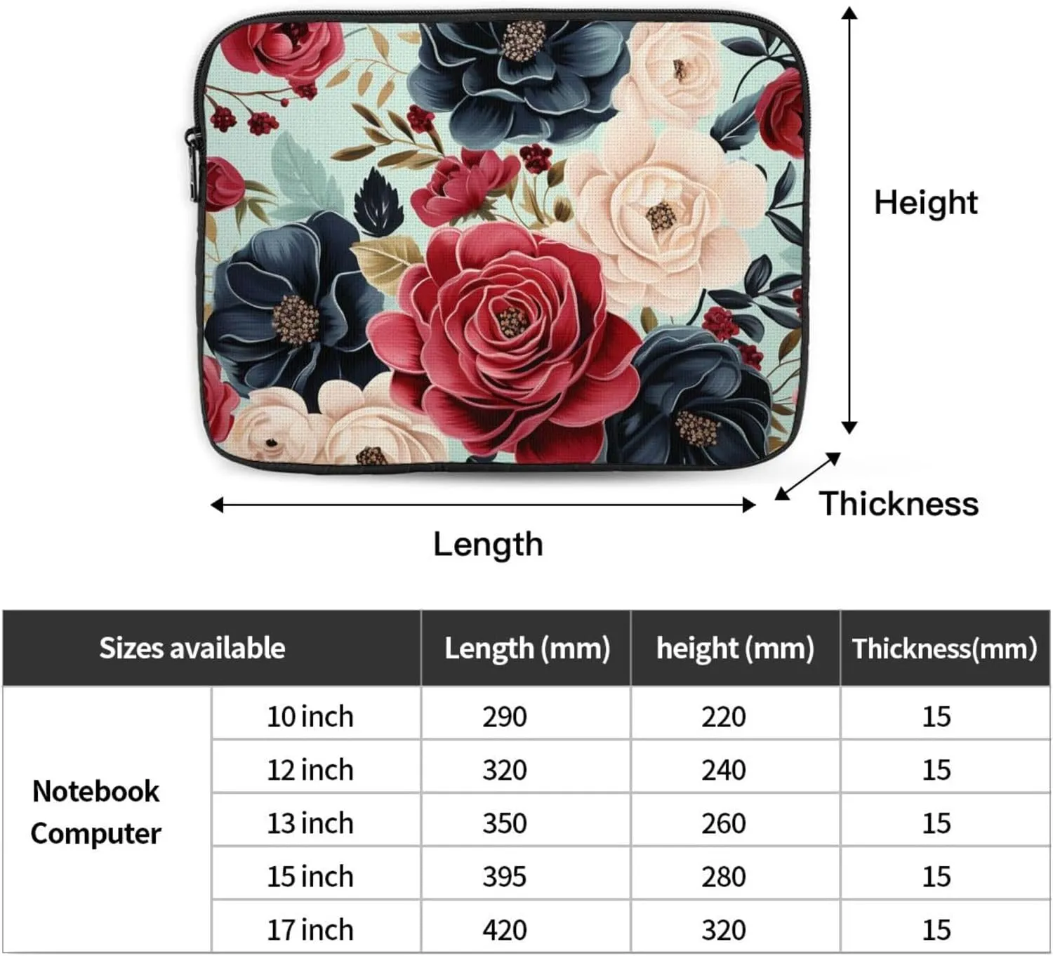 17 Inch Laptop Sleeve Bag Waterproof Shockproof Laptop Case Bag Maroon and Navy Flowers Computer Skin Bags Lightweight Tablet Carrying Case