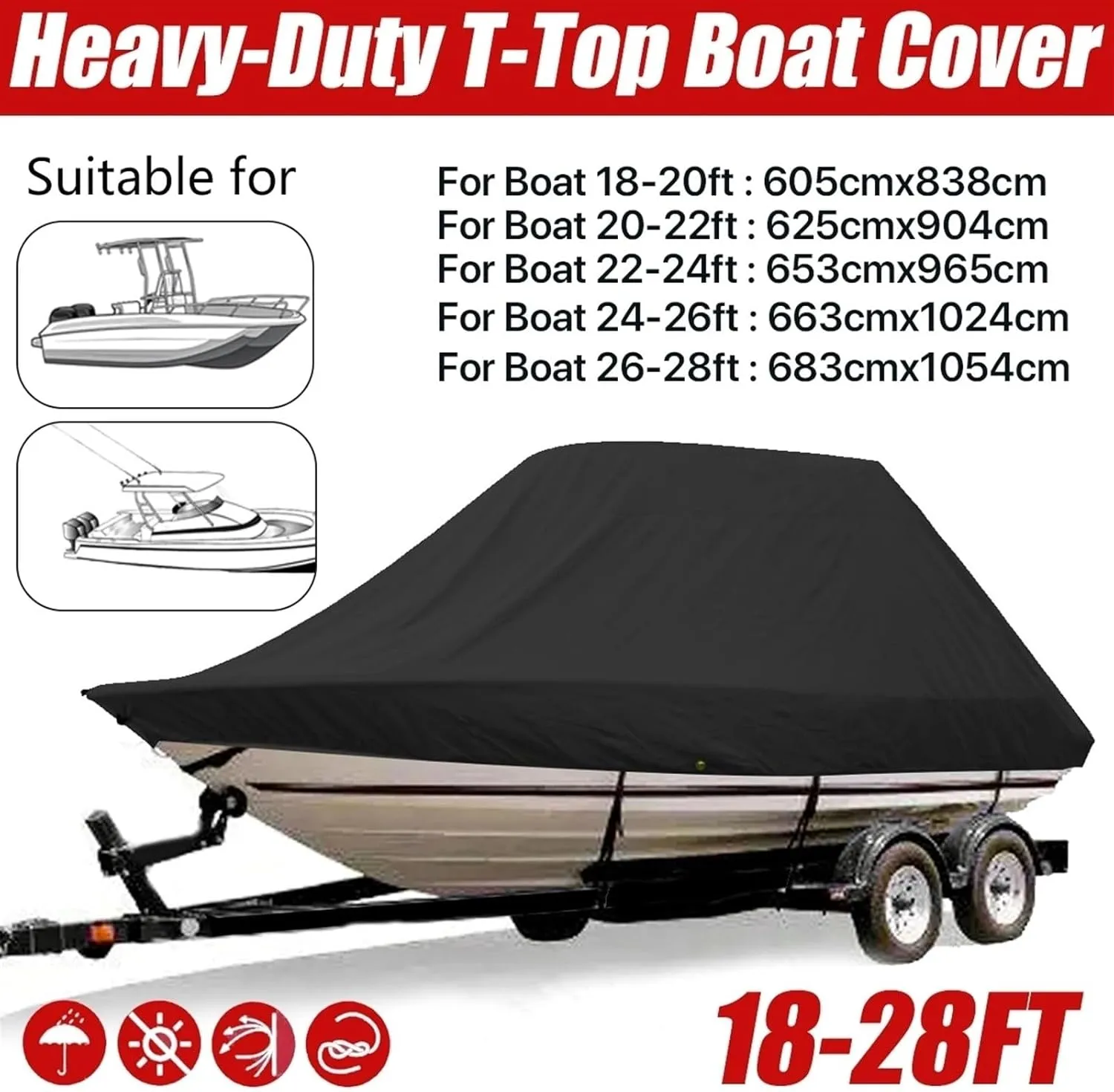 18-28ft 600D Jumbos Cruiser Boat-Cover Heavy-Duty Oceansouth Marine Water Sun Proof UV Protection Fish-Ski VHull Mooring Cover(Grey 22-24ft)