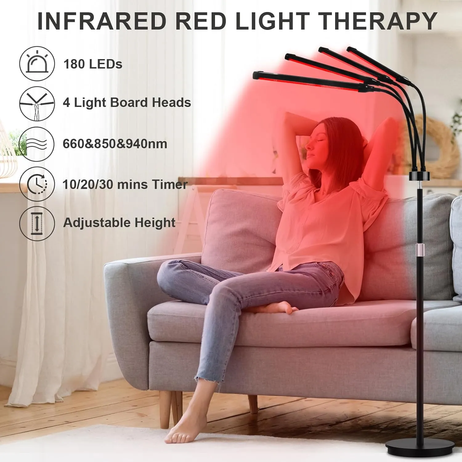 180LEDs Red Light Therapy Lamp with Stand, 660nm &850nm &940nm Near Infrared Light Device for Body & Face