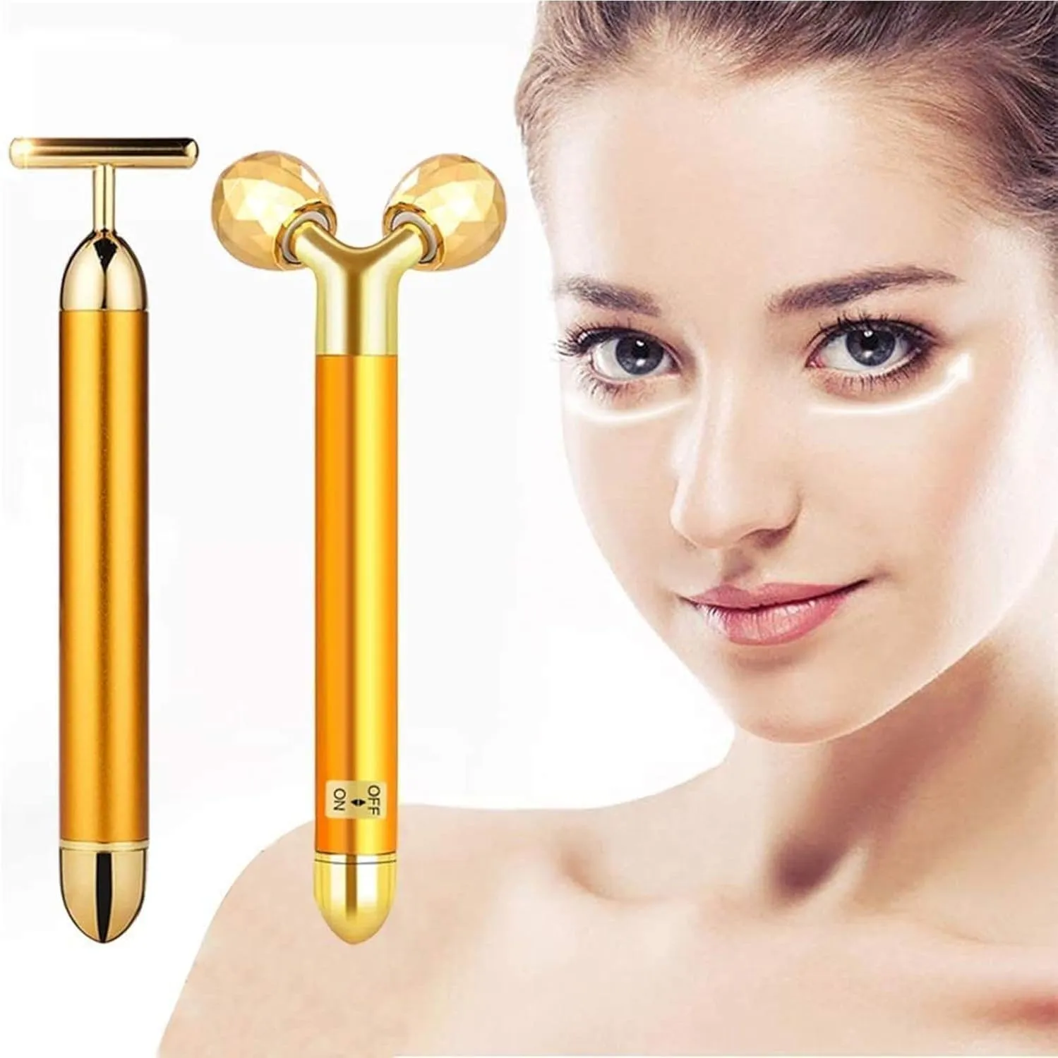 2 in 1 Energy Beauty Bar Electric Vibration Facial Massage V Shape Roller Waterproof Face Skin Care T-Shaped Anti Wrinkle Massager for Forehead Cheek Neck Clavicle Arm (Gold Colour)