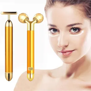 2 in 1 Energy Beauty Bar Electric Vibration Facial Massage V Shape Roller Waterproof Face Skin Care T-Shaped Anti Wrinkle Massager for Forehead Cheek Neck Clavicle Arm (Gold Colour)