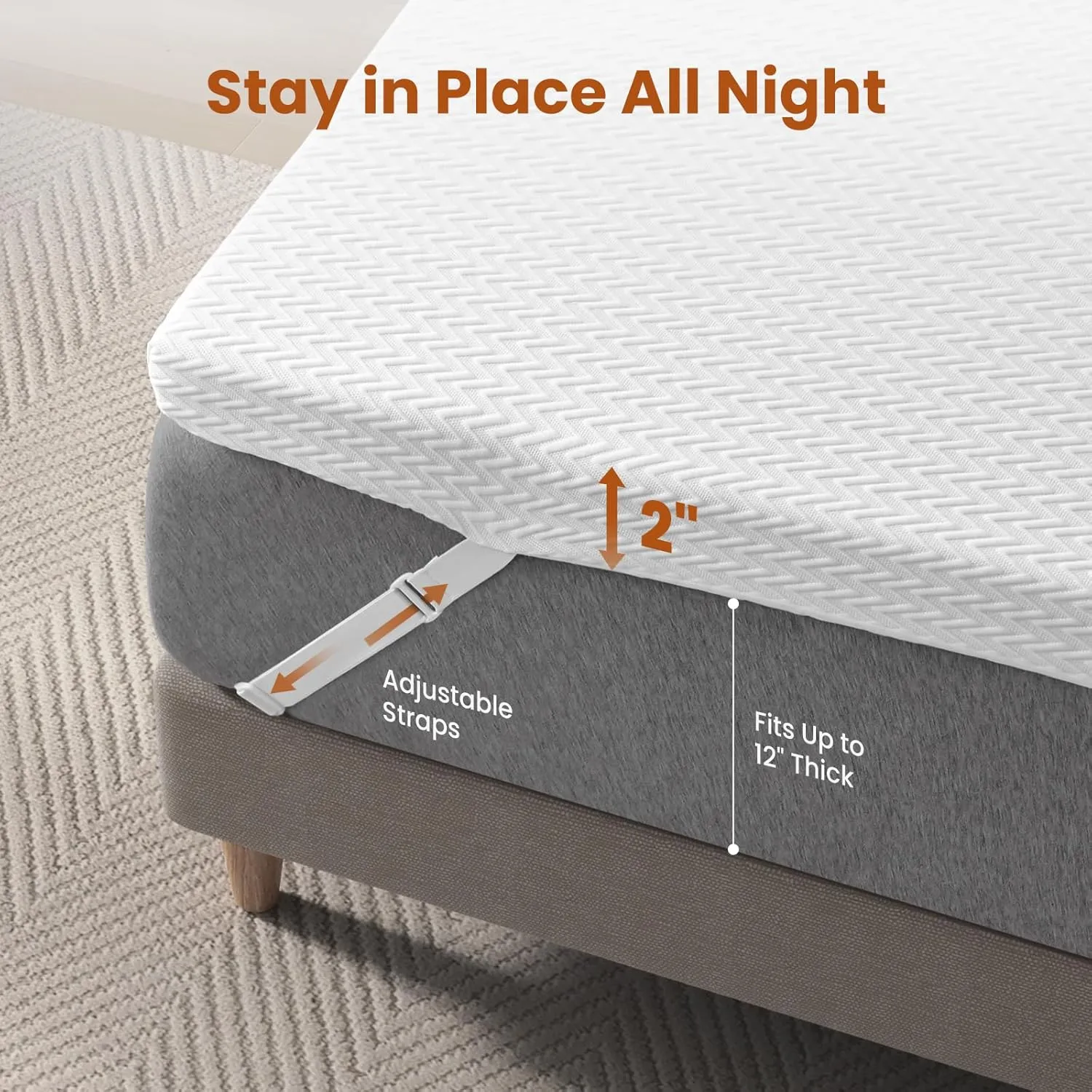 2 Inch Gel Memory Foam Mattress Topper Twin, Mattress Pad with Removable Cover Adjustable Elastic Straps, White