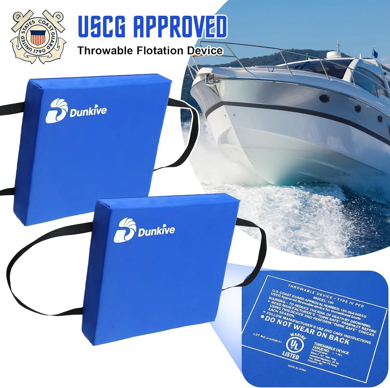 2 Pack Boat Throw Flotation Cushion, USCG Approved, Emergency Marine Throwable Flotation Device, Foam Boat Cushions Life Preserver, Throw Cushions for Boats, Kayaks, Canoes(Blue)