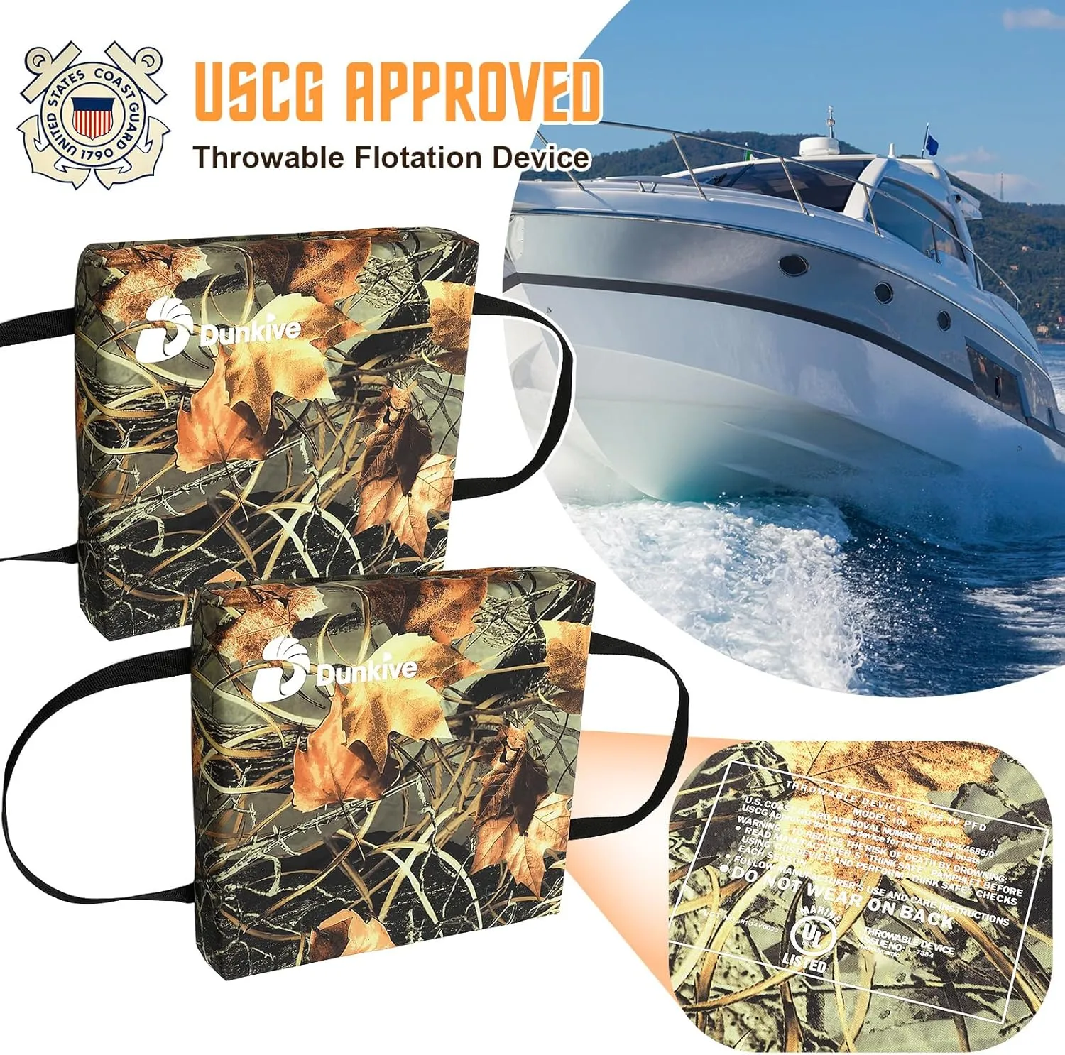 2 Pack Boat Throw Flotation Cushion, USCG Approved, Emergency Marine Throwable Flotation Device, Foam Boat Cushions Life Preserver, Throw Cushions for Boats, Kayaks, Canoes(Camouflage)