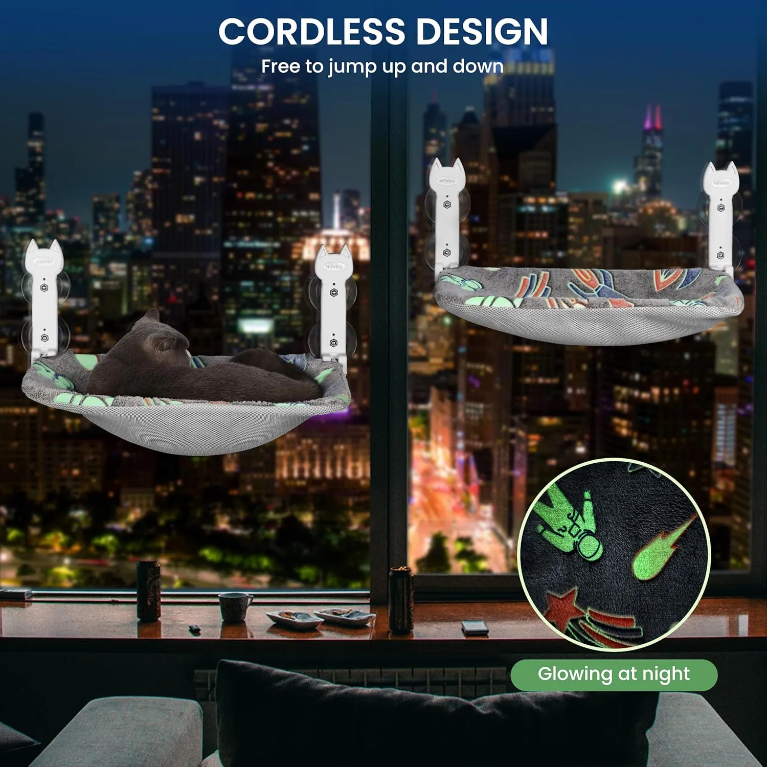 2 Pack Cat Window Perch, Glow in The Dark Foldable Cat Hammock with Sunken Design & Removable Soft Cover, Breathable Cordless Window Bed for Resting Indoor Kitten (Grey, 2 Pack - M)