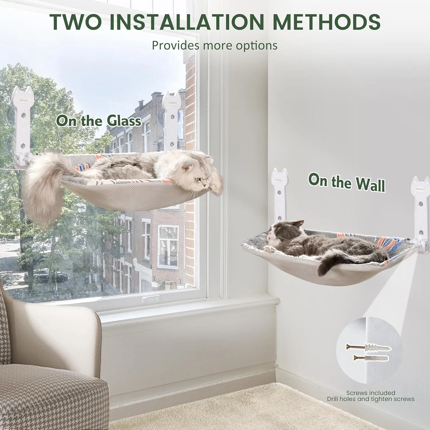 2 Pack Cat Window Perch, Glow in The Dark Foldable Cat Hammock with Sunken Design & Removable Soft Cover, Breathable Cordless Window Bed for Resting Indoor Kitten (Grey, 2 Pack - M)