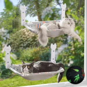2 Pack Cat Window Perch, Glow in The Dark Foldable Cat Hammock with Sunken Design & Removable Soft Cover, Breathable Cordless Window Bed for Resting Indoor Kitten (Grey, 2 Pack - M)