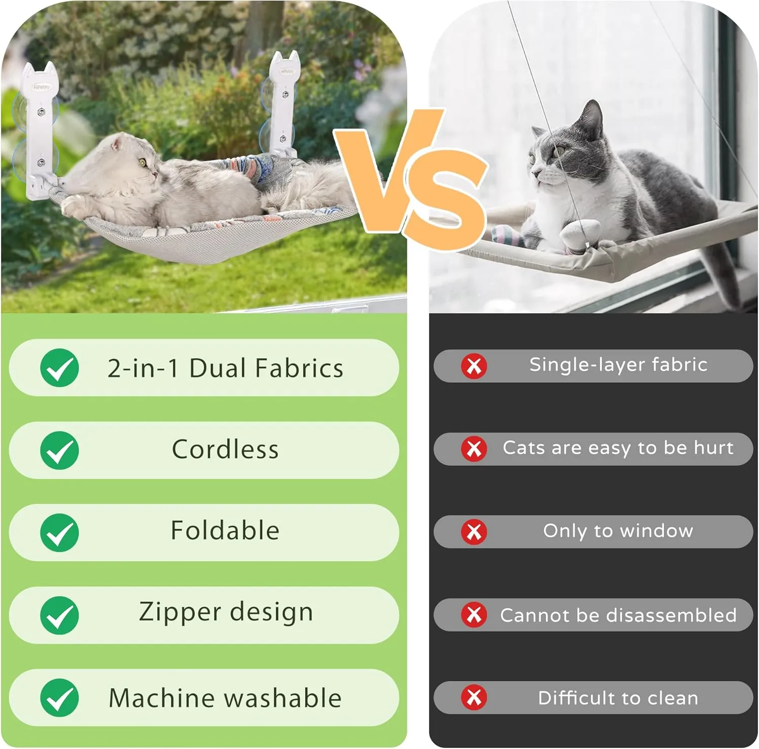 2 Pack Cat Window Perch, Glow in The Dark Foldable Cat Hammock with Sunken Design & Removable Soft Cover, Breathable Cordless Window Bed for Resting Indoor Kitten (Grey, 2 Pack - M)