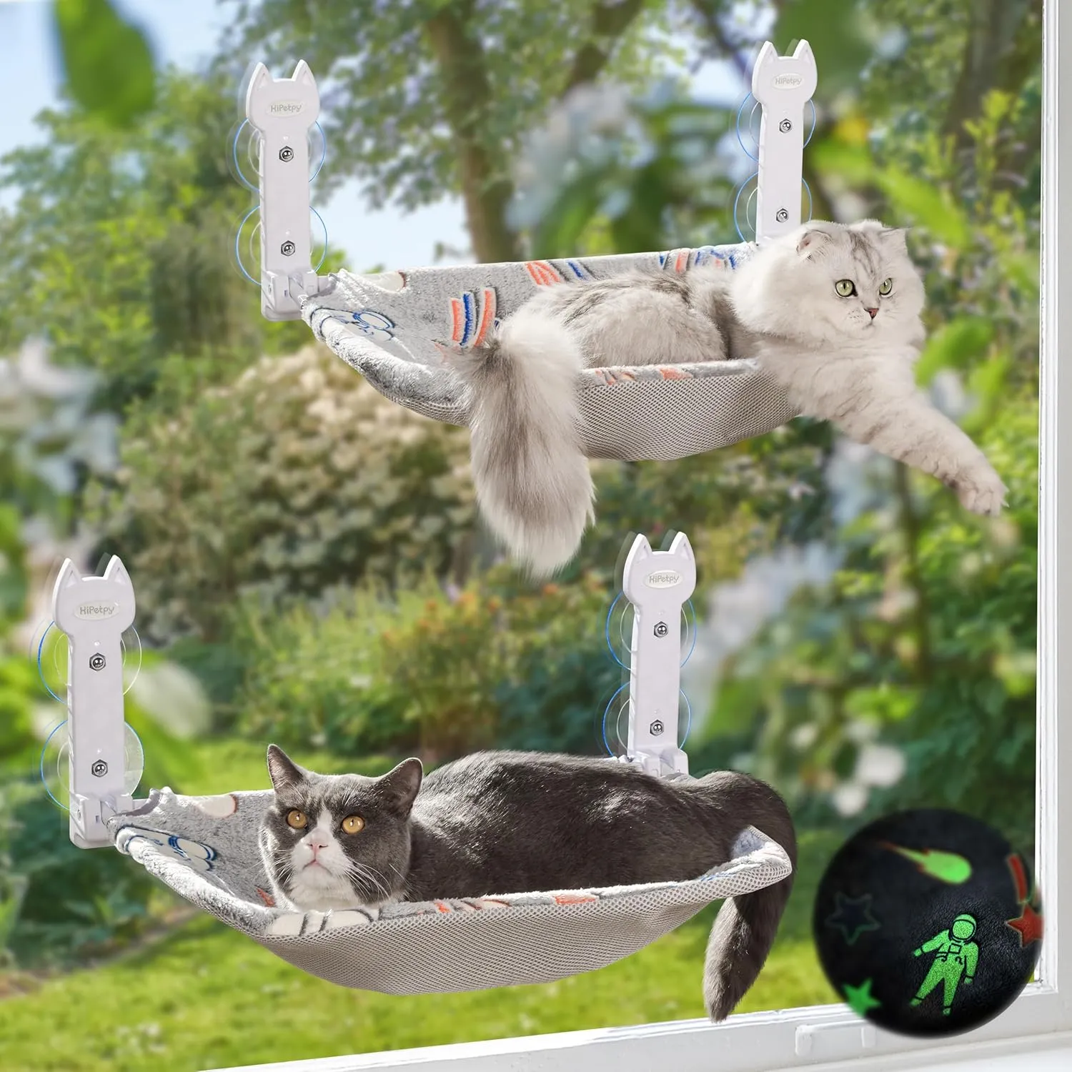 2 Pack Cat Window Perch, Glow in The Dark Foldable Cat Hammock with Sunken Design & Removable Soft Cover, Breathable Cordless Window Bed for Resting Indoor Kitten (Grey, 2 Pack - M)