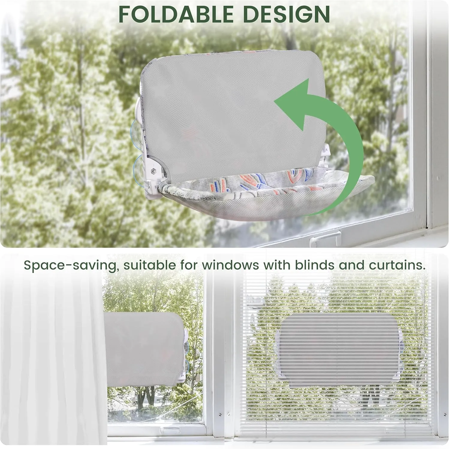 2 Pack Cat Window Perch, Glow in The Dark Foldable Cat Hammock with Sunken Design & Removable Soft Cover, Breathable Cordless Window Bed for Resting Indoor Kitten (Grey, 2 Pack - M)