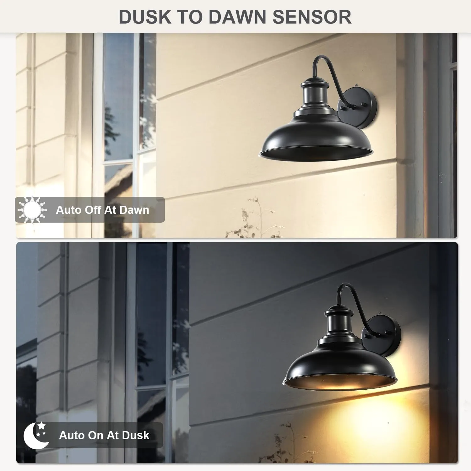 2 Pack Dusk to Dawn Outdoor Wall Sconces, Black Sensor Porch Wall Lights, Exterior Farmhouse Lighting Fixtures Wall Mount Lantern for Patio Garage Shed Deck Fence Barn and Yard