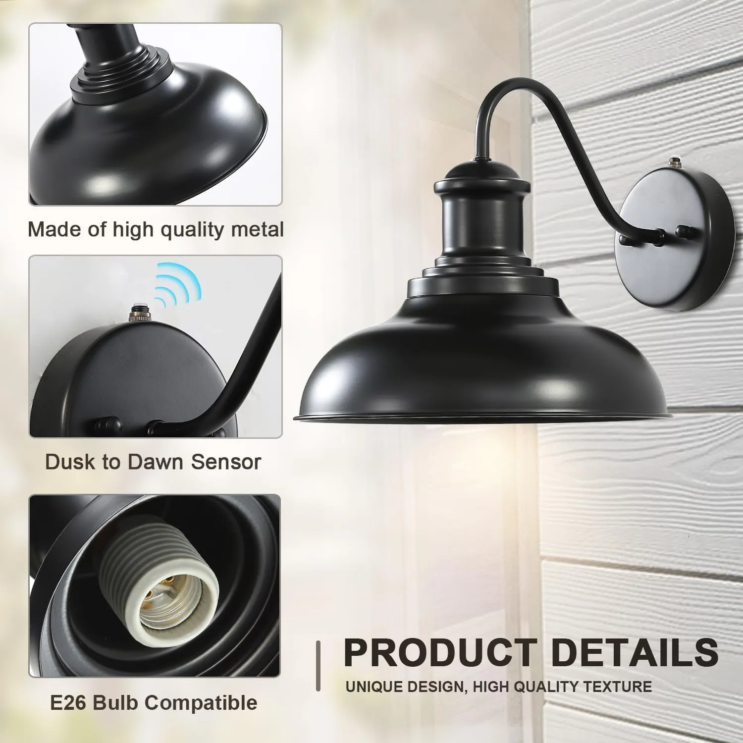 2 Pack Dusk to Dawn Outdoor Wall Sconces, Black Sensor Porch Wall Lights, Exterior Farmhouse Lighting Fixtures Wall Mount Lantern for Patio Garage Shed Deck Fence Barn and Yard