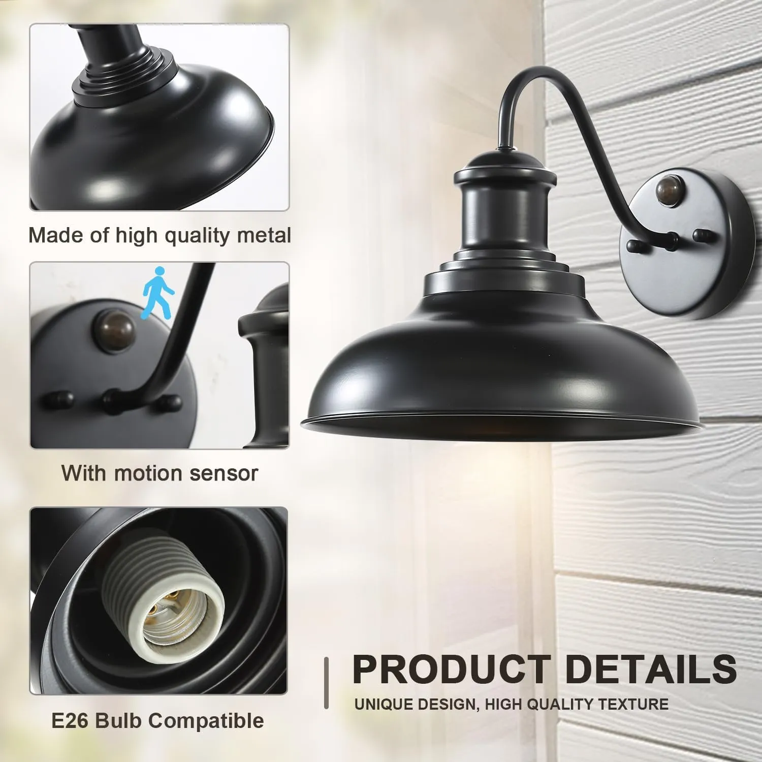 2 Pack Motion Sensor Outdoor Wall Sconce, Black Sensor Porch Wall Lights, Exterior Farmhouse Lighting Fixtures Wall Mount Lantern for Patio Garage Shed Deck Fence Barn and Yard
