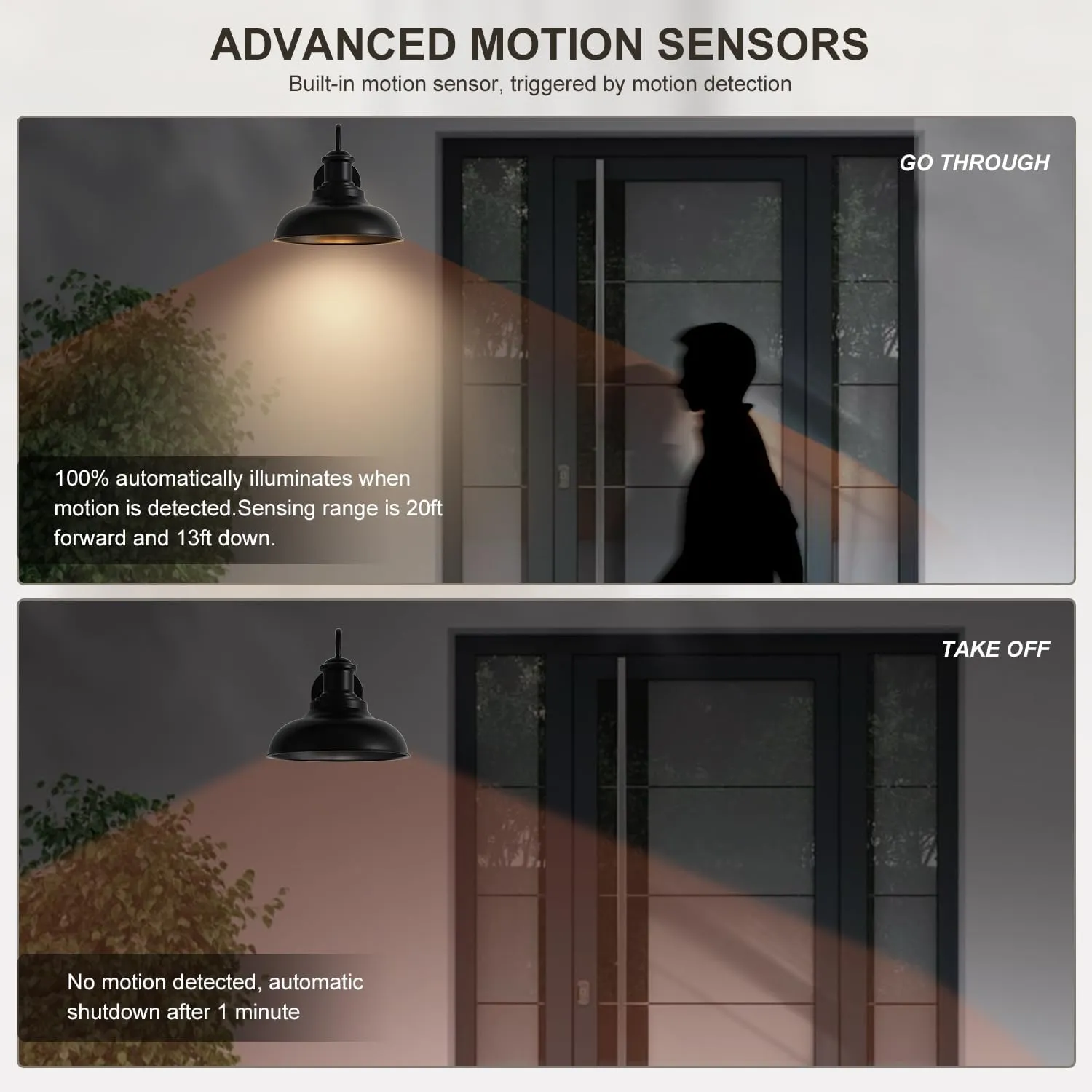 2 Pack Motion Sensor Outdoor Wall Sconce, Black Sensor Porch Wall Lights, Exterior Farmhouse Lighting Fixtures Wall Mount Lantern for Patio Garage Shed Deck Fence Barn and Yard