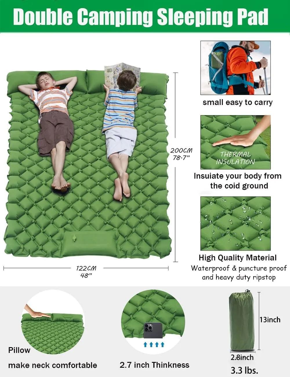 2 Person Camping Sleeping Pad and Pillow- Upgrade Double Self Inflating Camping pad Lightweight Waterproof Durable Camping Mattress Pad Bed Foot Pump for Backpacking Tent Hiking