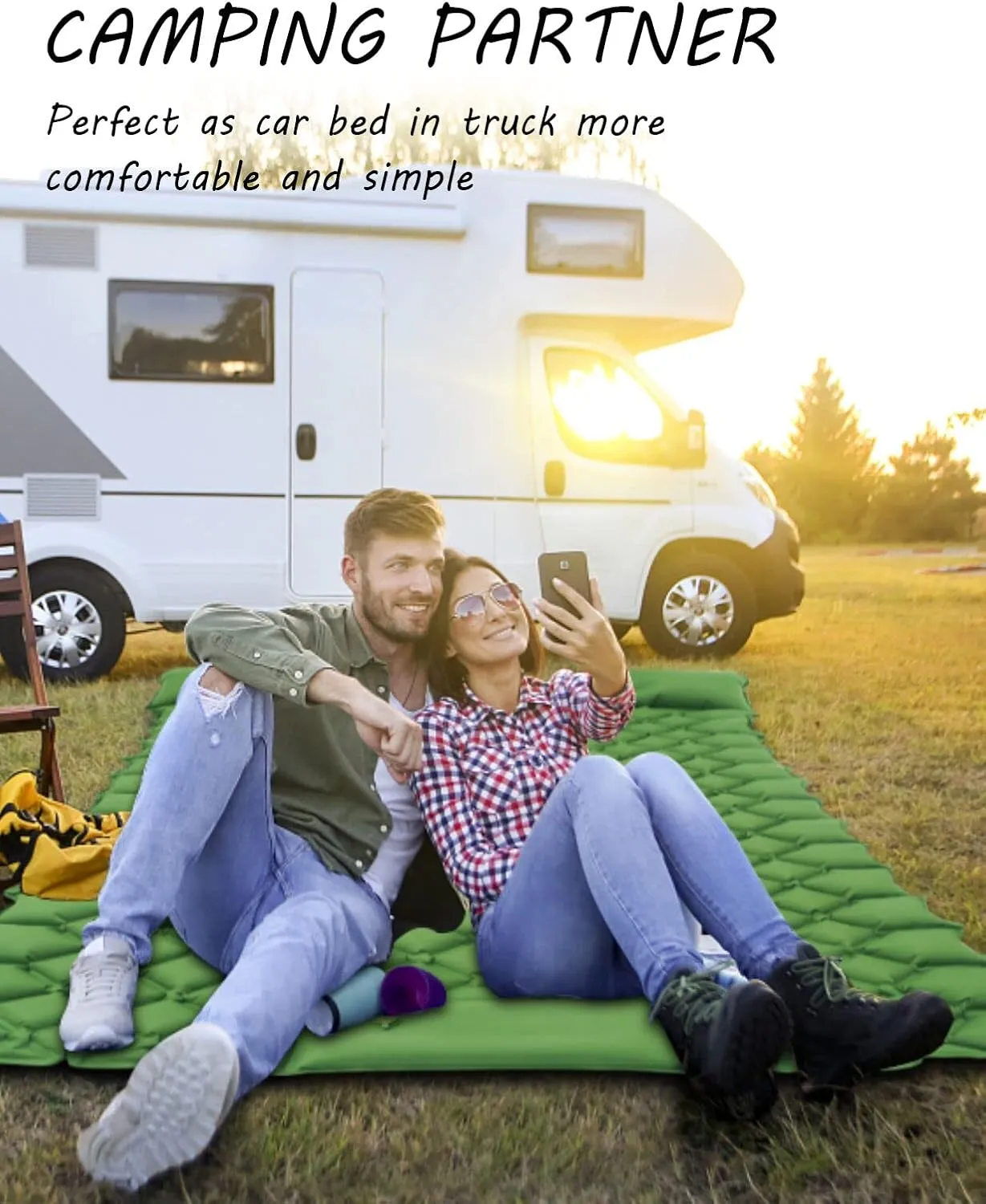 2 Person Camping Sleeping Pad and Pillow- Upgrade Double Self Inflating Camping pad Lightweight Waterproof Durable Camping Mattress Pad Bed Foot Pump for Backpacking Tent Hiking