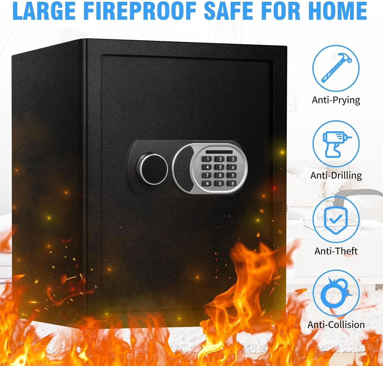 2.5 Cuft Small Safe Box with Fireproof Waterproof Bag, Safes for Home Documents, Anti-Theft Safety Box With Digital Keypad, Smart Alert System, Spare Keys, Personal Safe for Cash Money