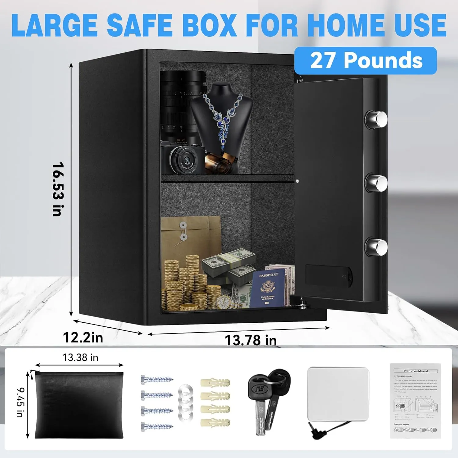 2.5 Cuft Small Safe Box with Fireproof Waterproof Bag, Safes for Home Documents, Anti-Theft Safety Box With Digital Keypad, Smart Alert System, Spare Keys, Personal Safe for Cash Money